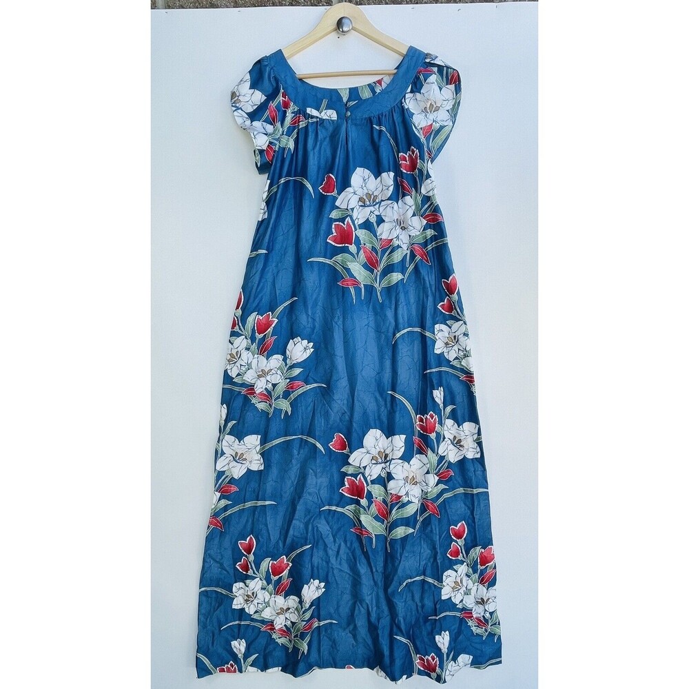 Sun Fashions Honolulu Vtg Dress Womens 12 Hawaiian Mumu Blue‎ Batik Resort Chic
